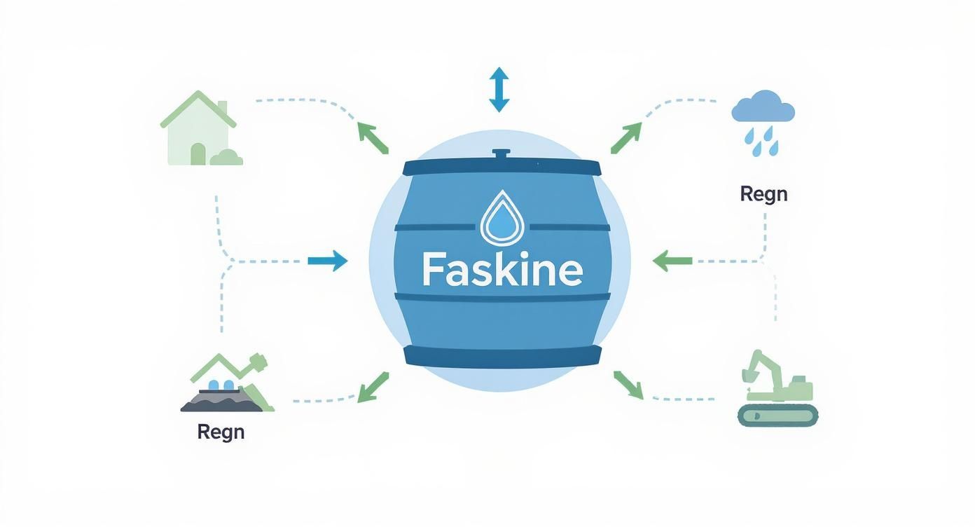 Diagram viser, hvordan en faskine håndterer regnvand fra hus, regnvejr og anlægsarbejde.