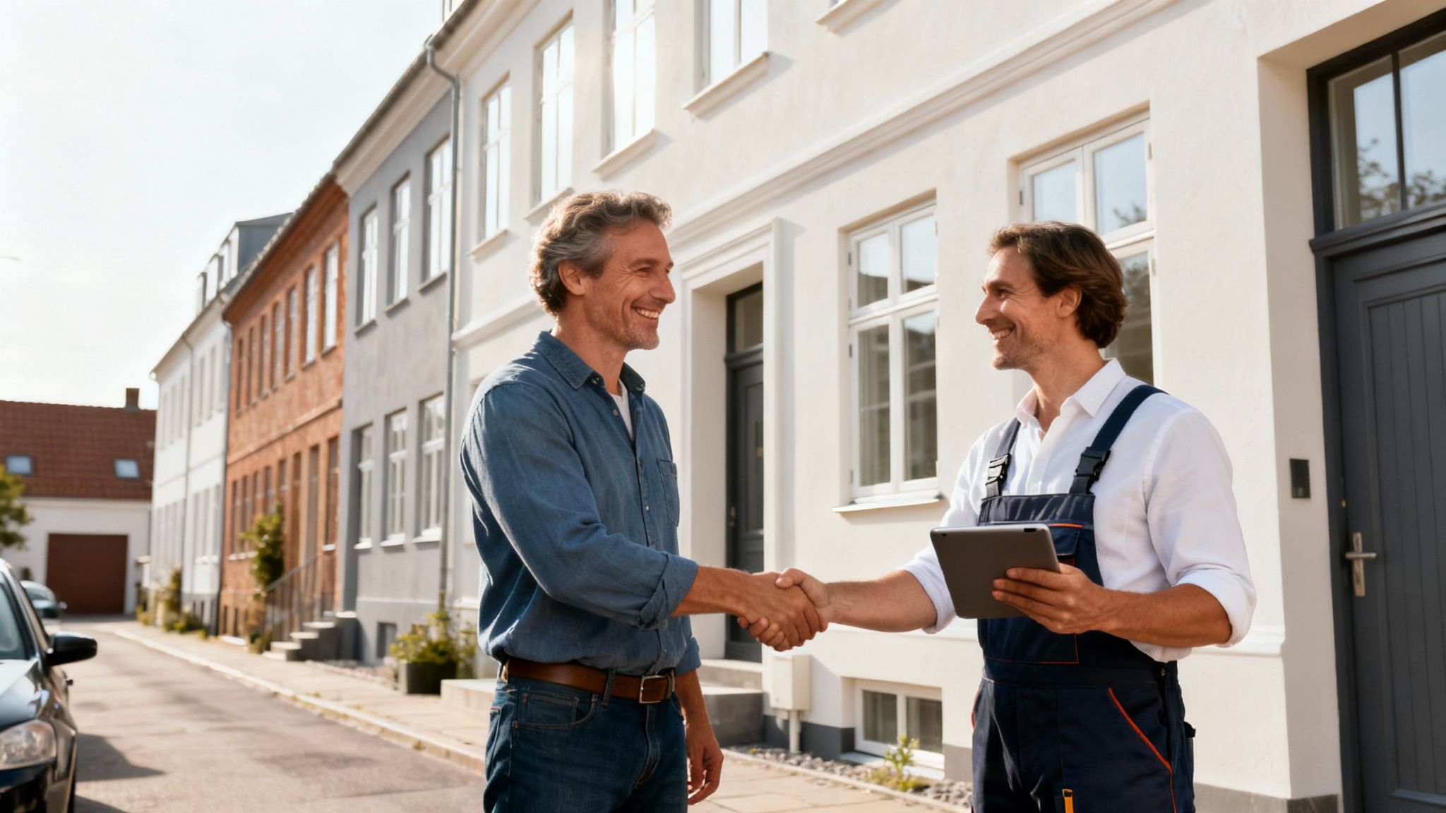 Tilfreds kunde og håndværker giver hånd efter succesfuld facaderenovering på Amager.