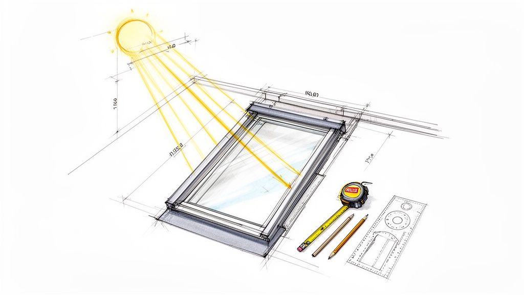 Arkitekttegning af Velux vindue, der viser sollysstråler og montering med tegneværktøj.