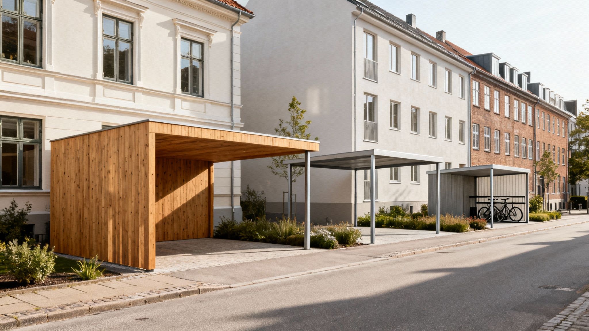 Gadebillede med en moderne træcarport og to metalkarporte til cykler langs en bygning.