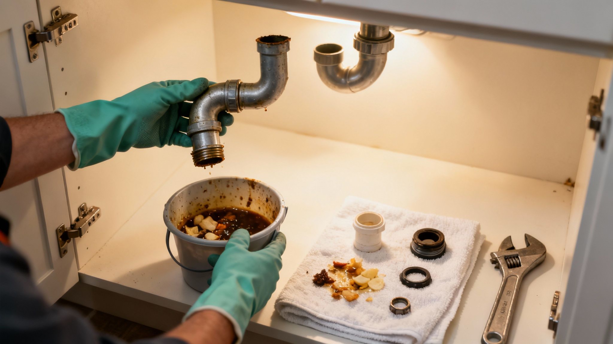 Rensning af vandlås under køkkenvask