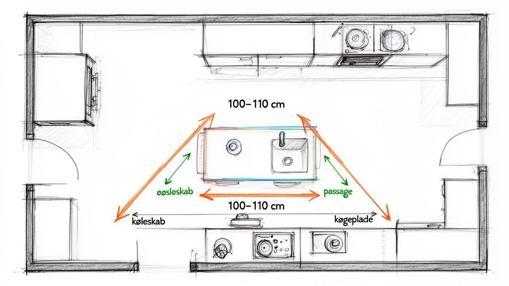 Detaljeret plantegning af køkken med køkkenø, køleskab, kogeplade og vask, inklusiv mål for passage.