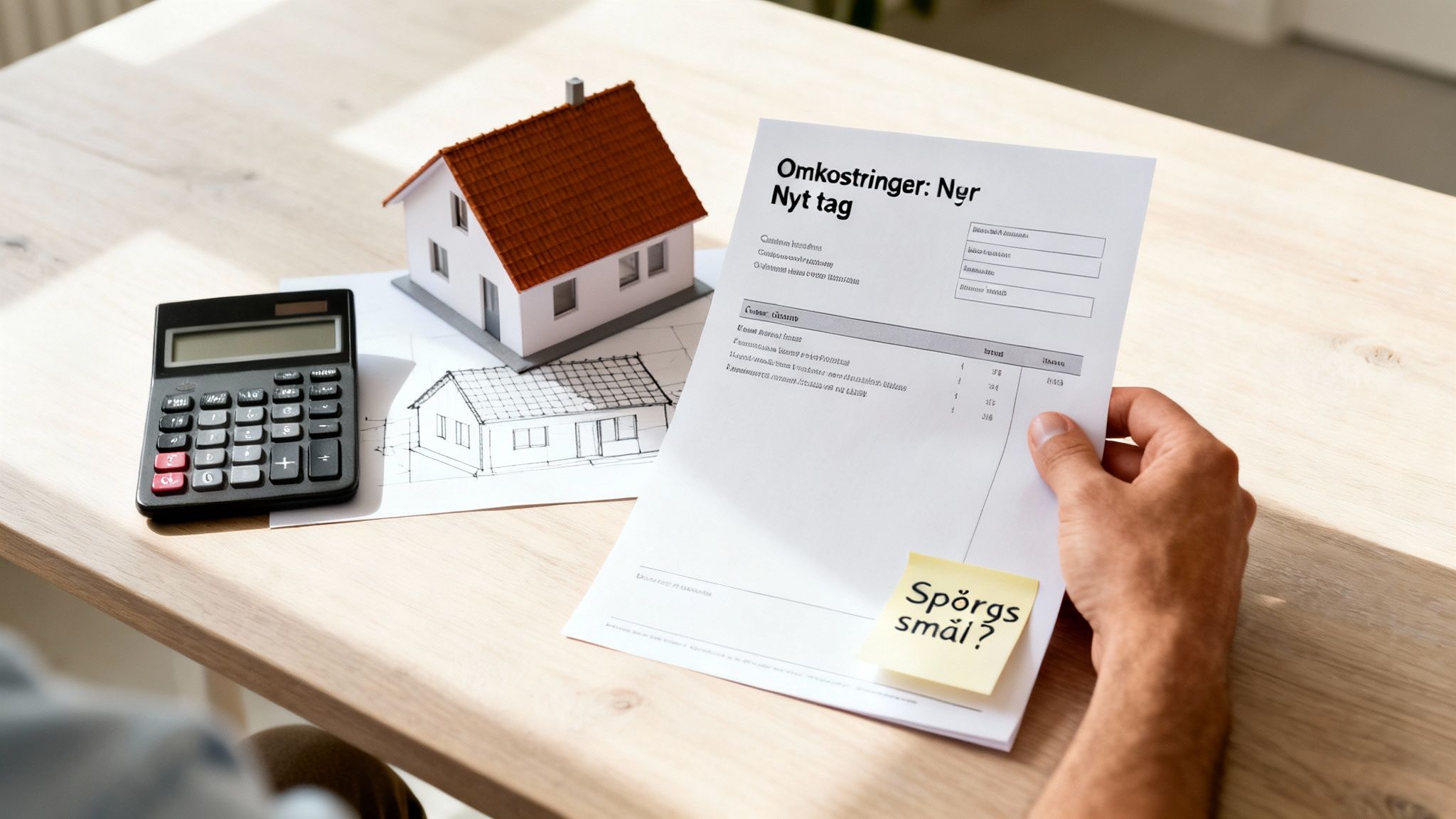 En person gennemgår omkostninger til nyt tag med lommeregner og husmodel på bordet.