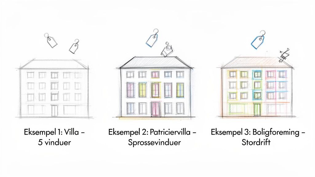 Illustration af tre huse: en villa, en patriciervilla og en boligforening, der viser forskellige vinduestyper og prisniver.