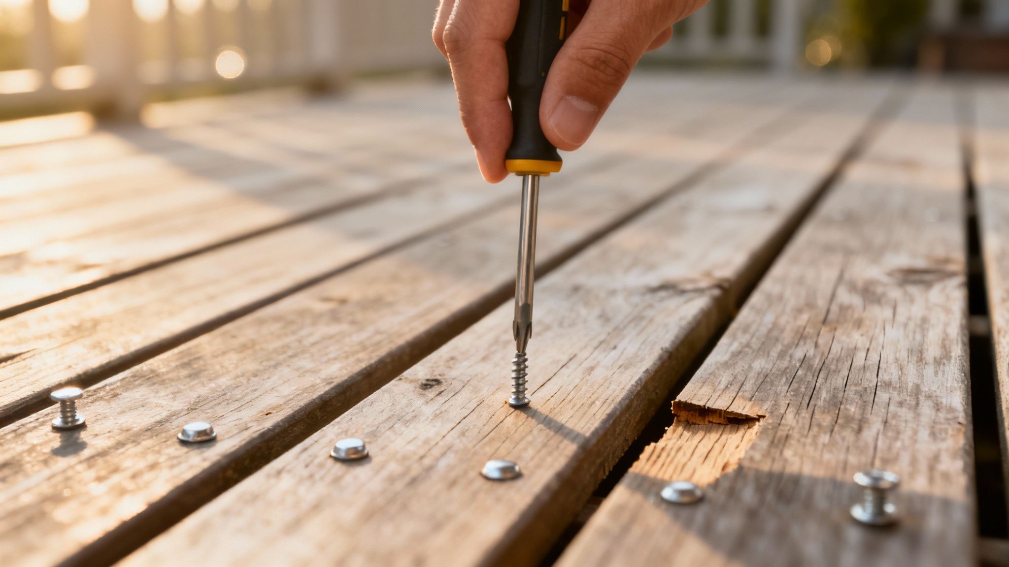 En person inspicerer en træterrasse for skader