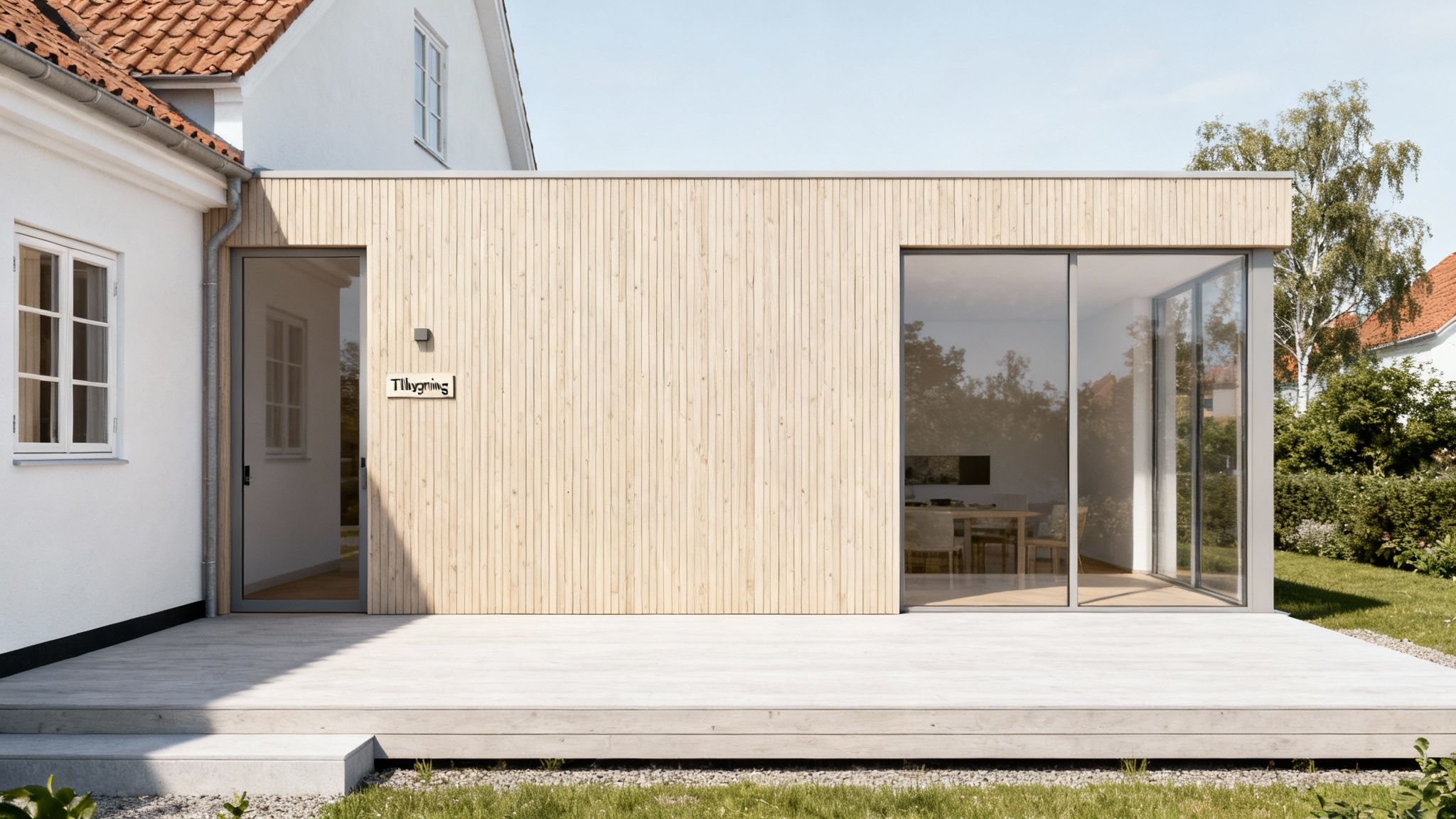 Moderne tilbygning med træbeklædning og store glaspartier på et hvidt hus med terrasse.