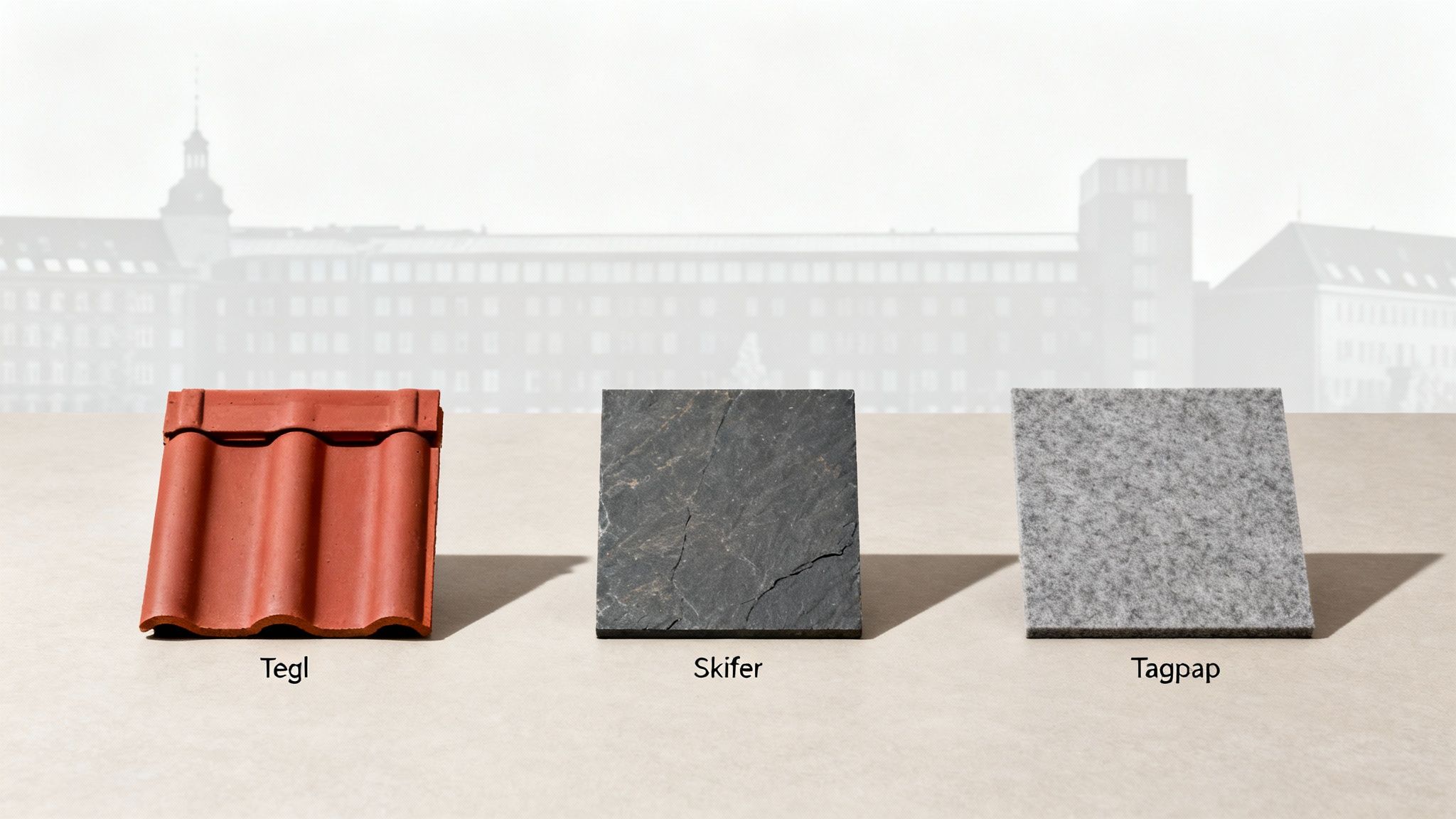 Tre prøver af tagmaterialer: rød tegl, mørk skifer og grå tagpap, vist med bybaggrund.
