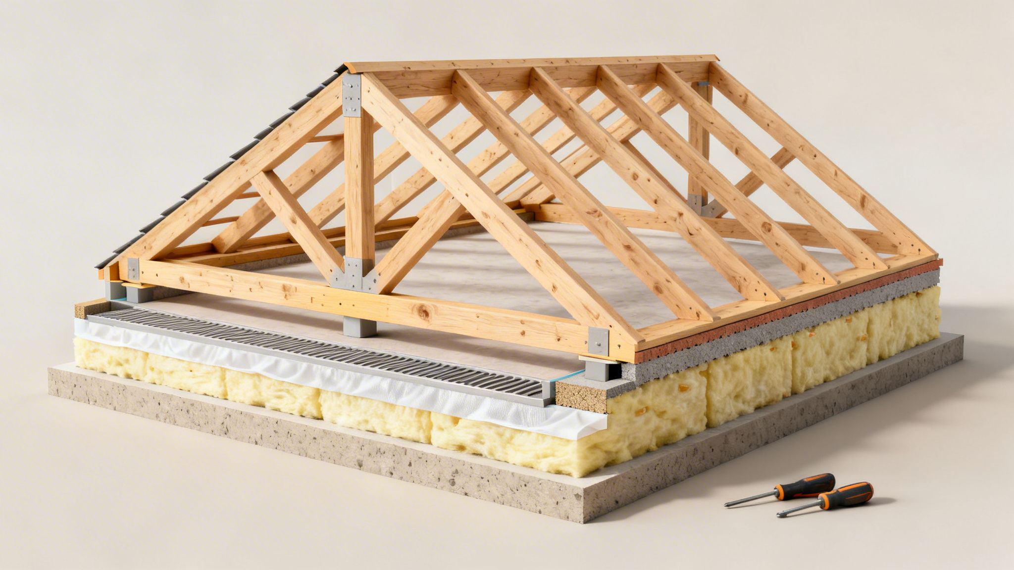 Detaljeret tværsnit af en tagkonstruktion med træspær, isolering og fundament på en hvid baggrund.