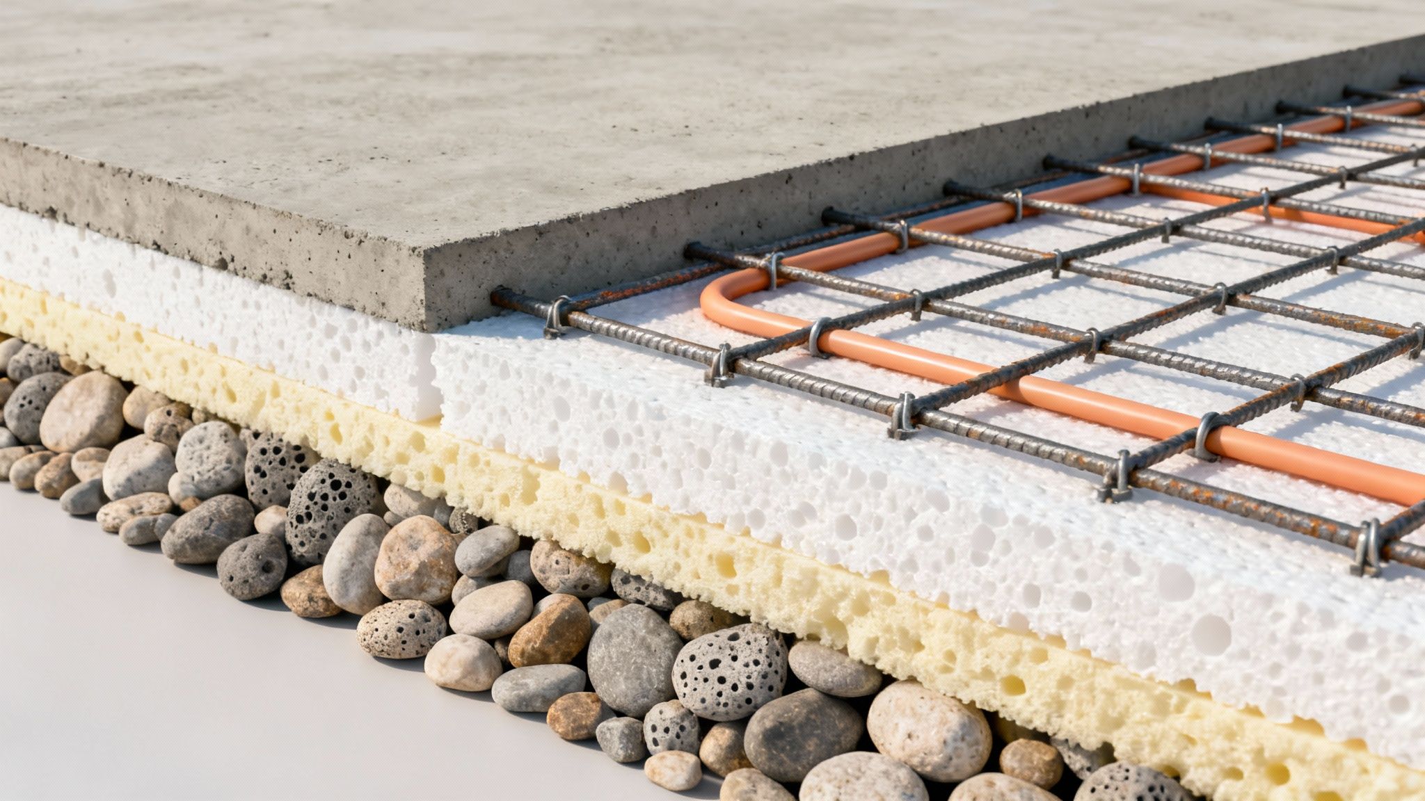 Detaljeret tværsnit af gulvopbygning med undergulv, isolering, gulvvarme og beton.