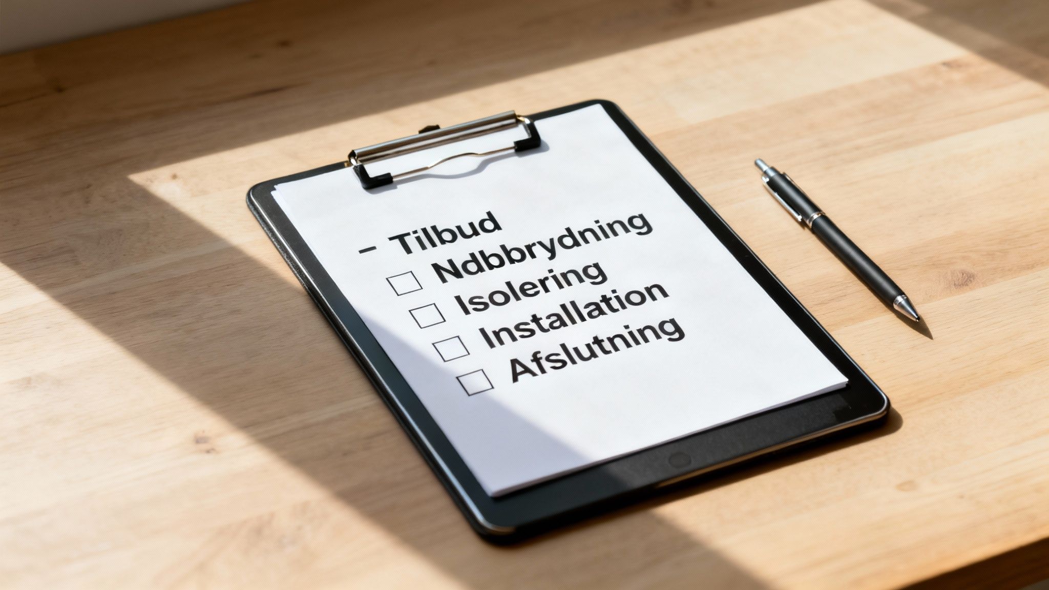 En huskeliste på et clipboard med trin for et projekt: Tilbud, nedbrydning, isolering, installation, afslutning.