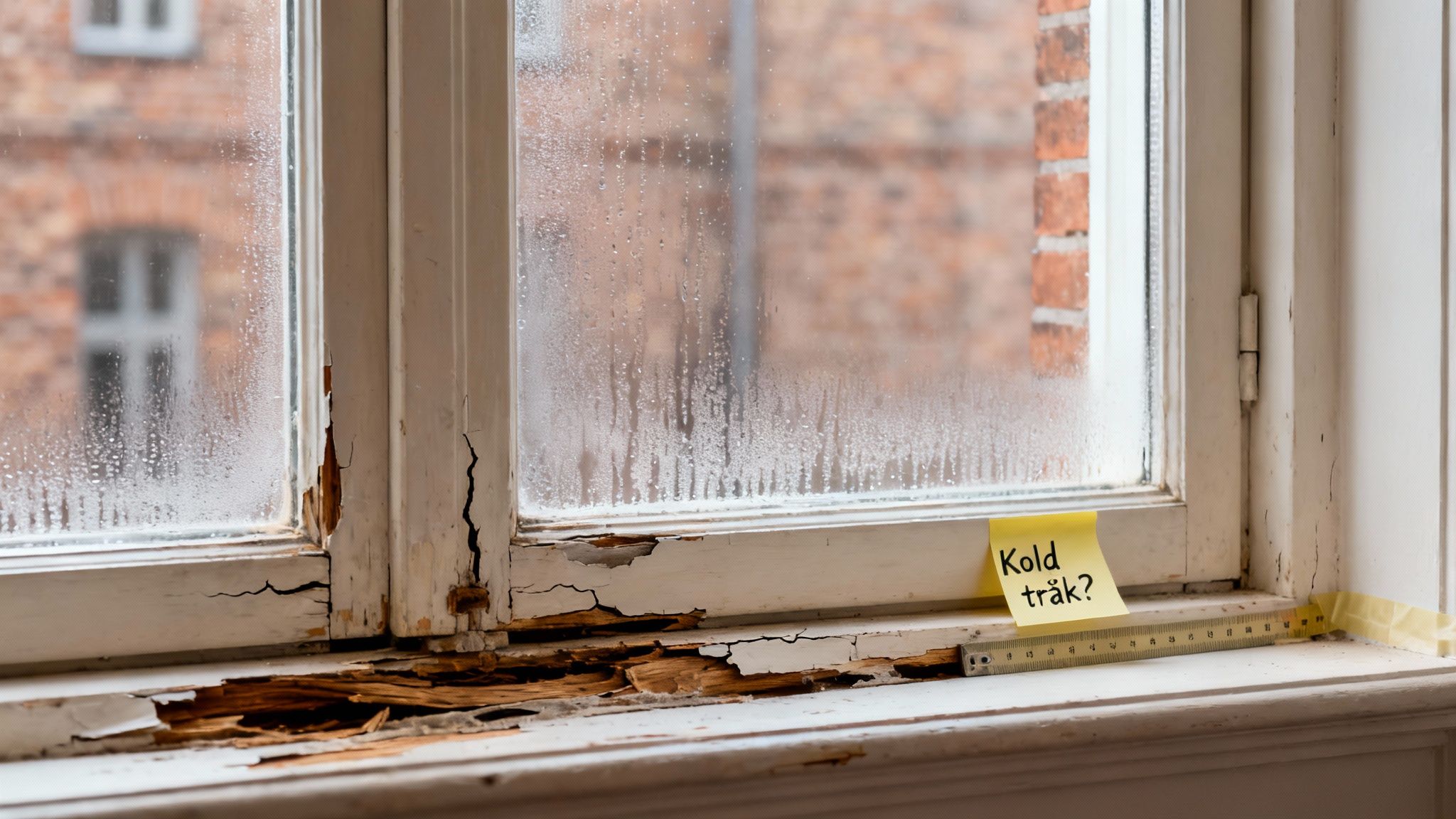 Gammelt, slidt trævindue med råd, afskallet maling og kondens på ruden. En gul seddel spørger 'Kold træk?'