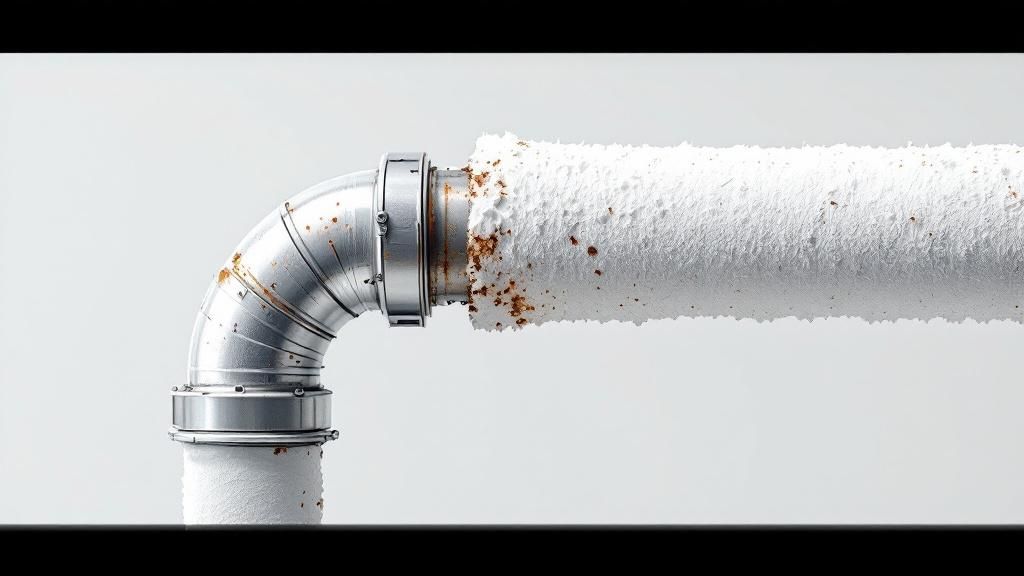 En person der peger på et dårligt isoleret rør med en fejl.