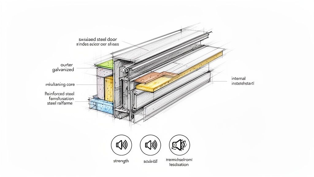 Detaljeret tværsnit af en ståldør, der viser lag af galvaniseret stål, isolering og forstærket ramme for sikkerhed og lydisolering.