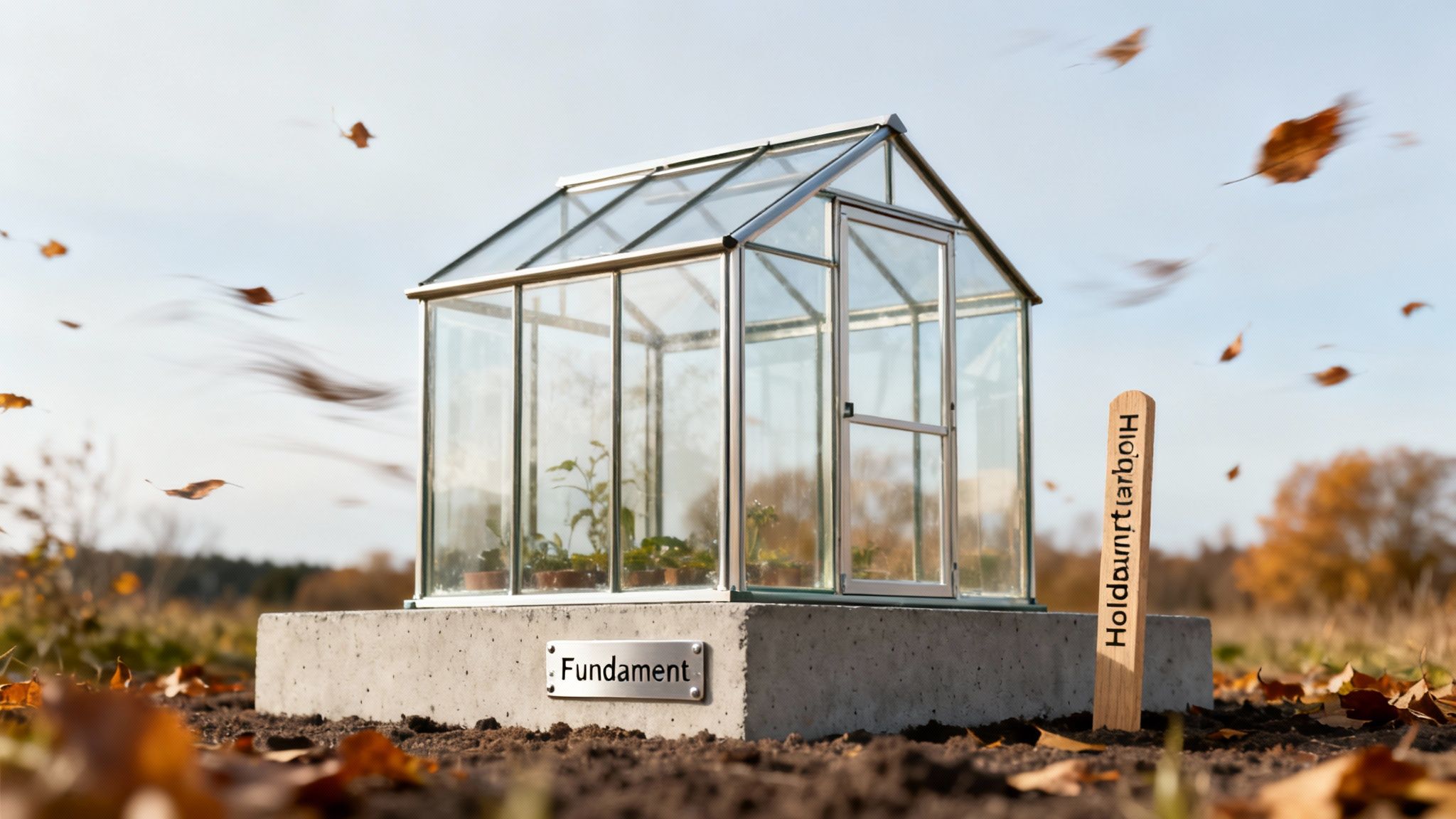 Et drivhus med et solidt betonfundament i et efterårslandskab med faldende blade og et træskilt.