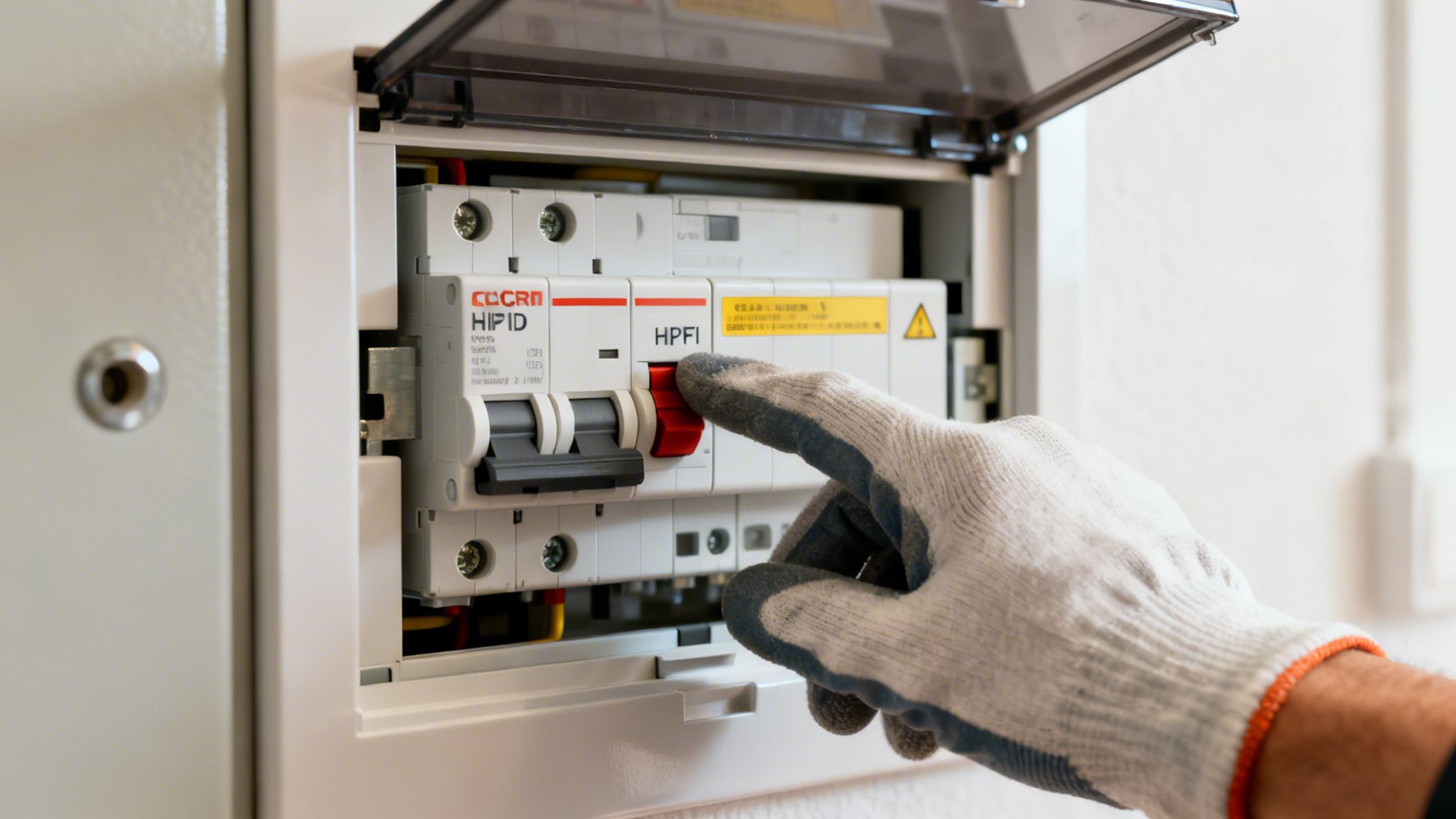 En person med arbejdshandsker trykker på en rød knap på en sikringsafbryder i et elskab.