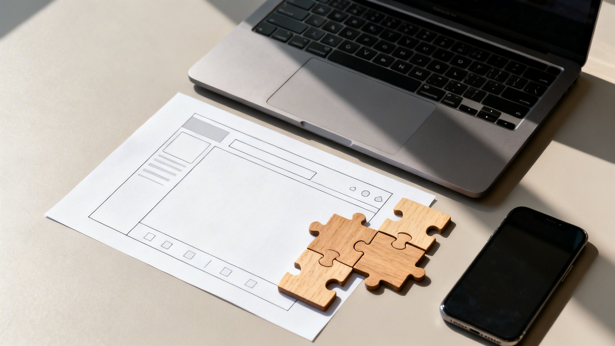 Arbejdsområde med laptop, wireframe-skitse, puslespil og smartphone, belyst af sollys, der symboliserer webdesign og udvikling.