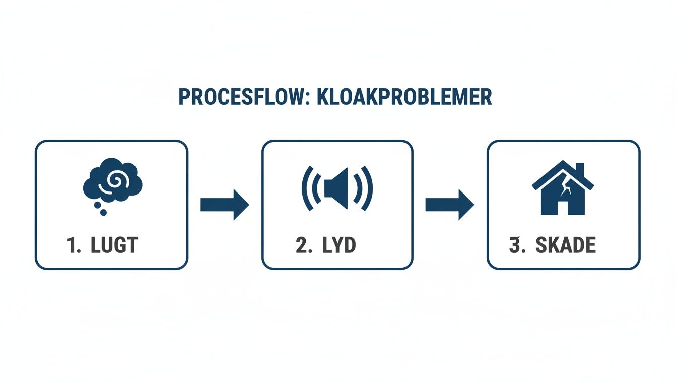 Procesflowdiagram over kloakproblemer, der viser progression fra lugt, til lyd og endelig skade.