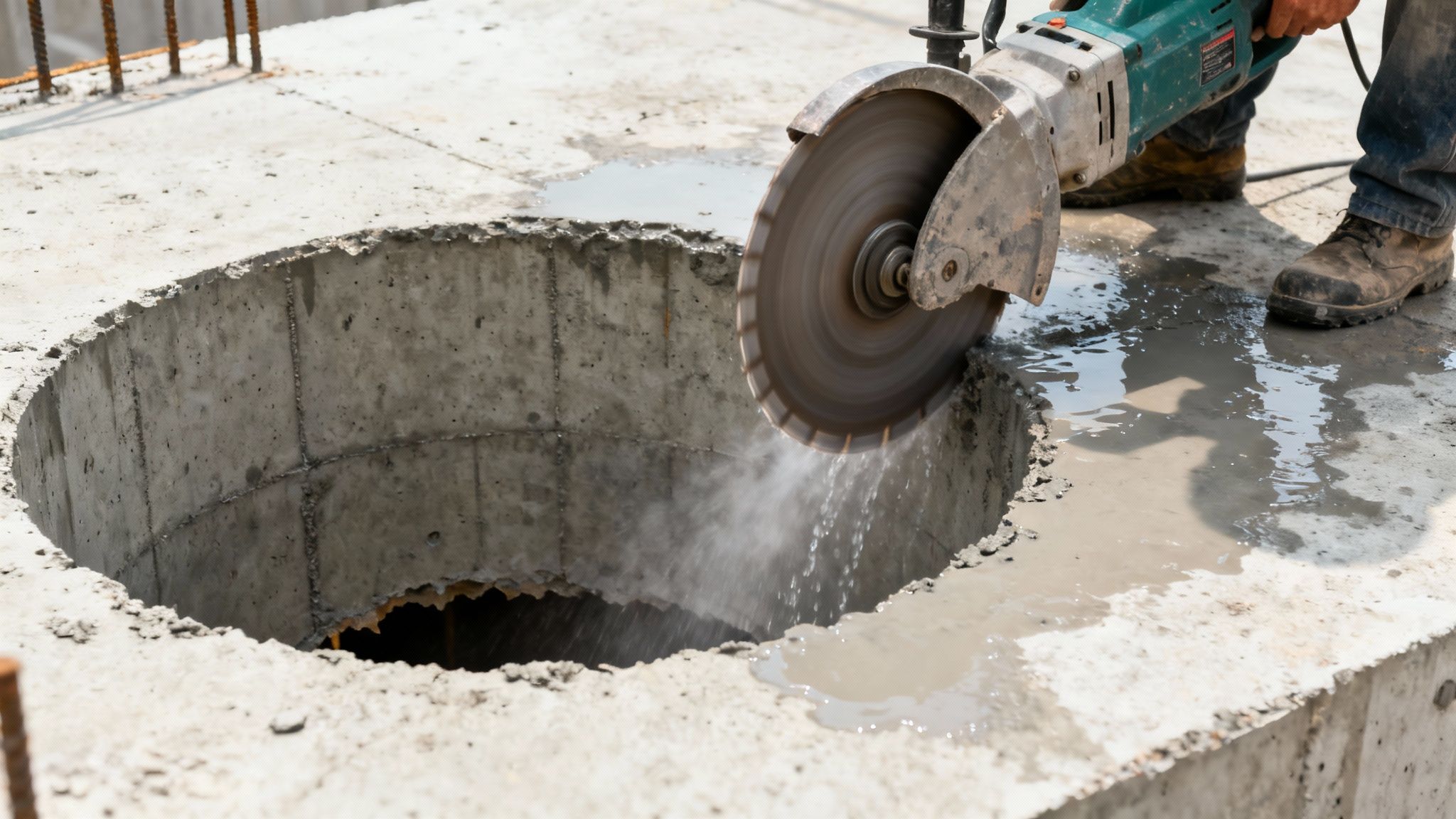 Professionel arbejder bruger en vådsav til at skære et præcist rundt hul i beton, med vandsprøjt.