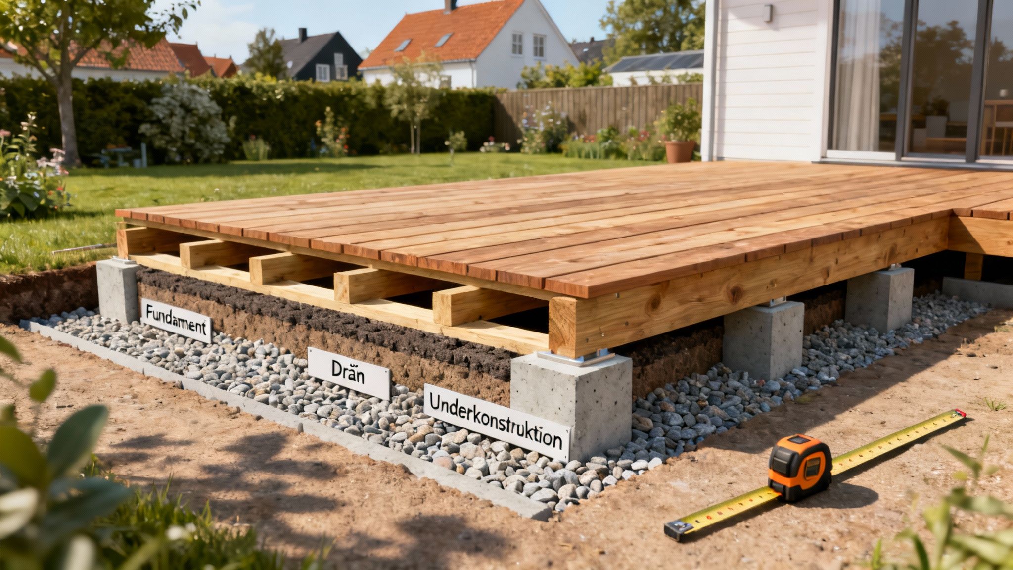 Detaljeret illustration af en træterrasseopbygning med fundament, dræn og underkonstruktion i et havemiljø.