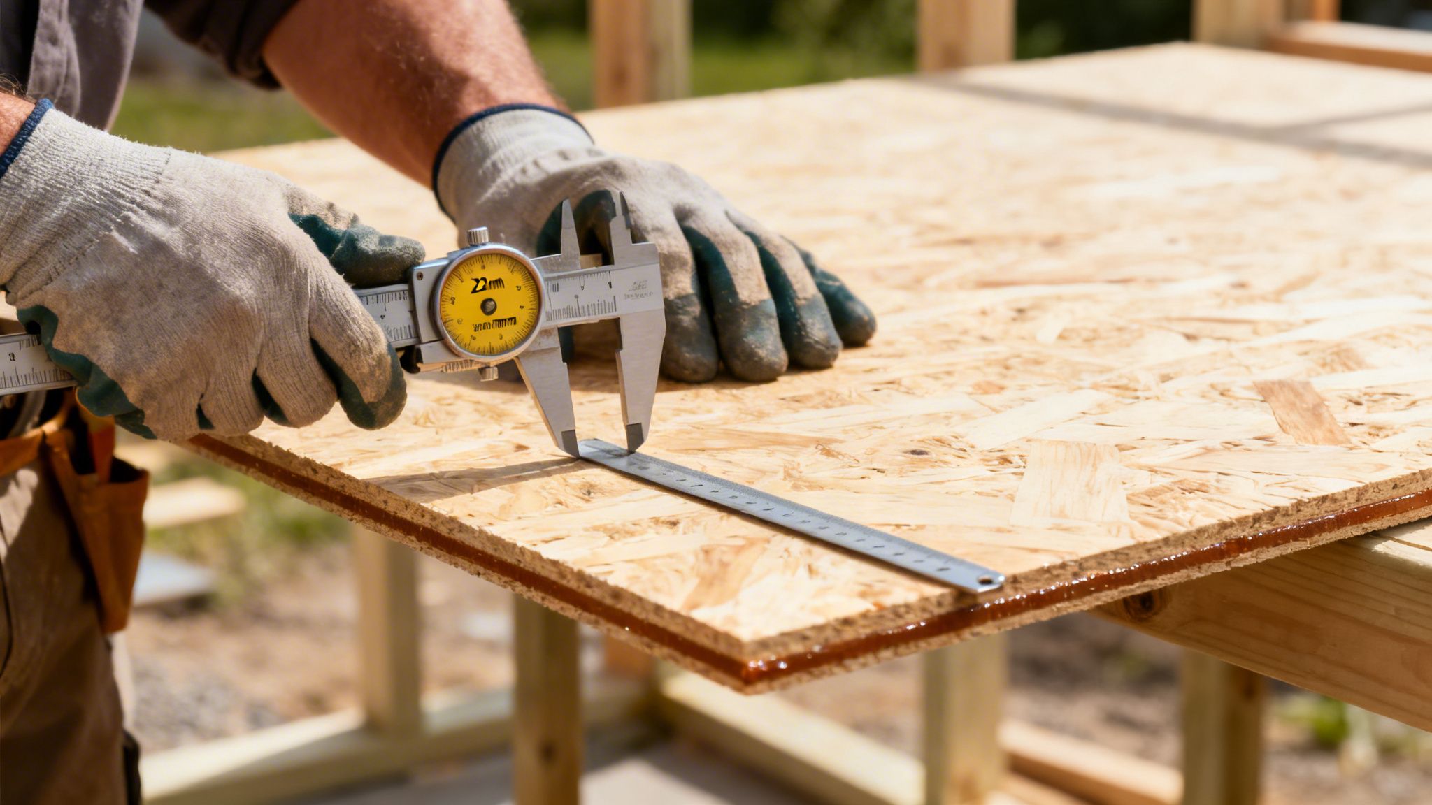 Hænder i arbejdshandsker måler tykkelsen af en træplade med et skydelære, der viser 22 mm.