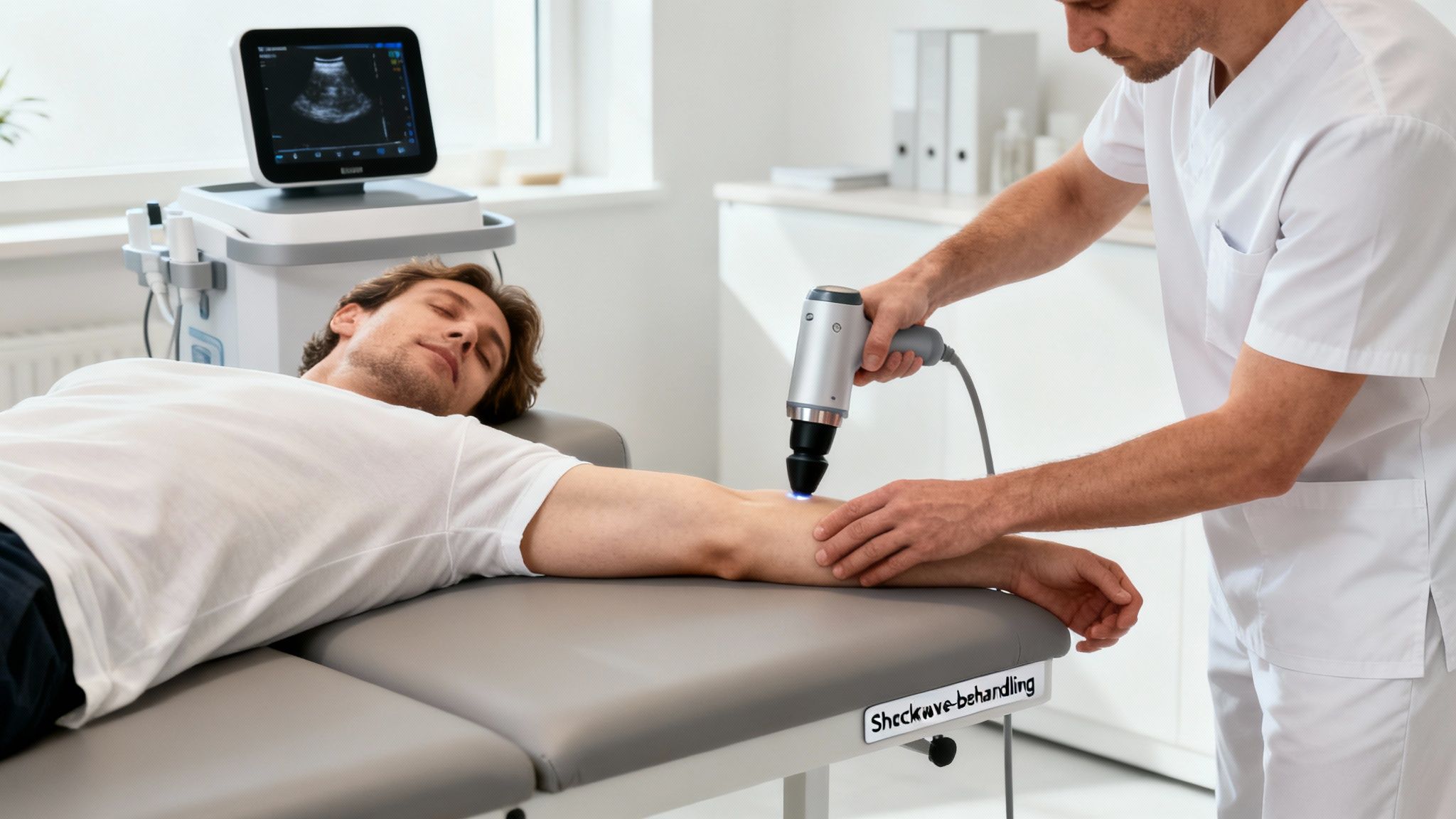 En mandlig patient ligger på en behandlingsbænk, mens en læge udfører chokbølgebehandling på hans arm, med en ultralydsmaskine i baggrunden.