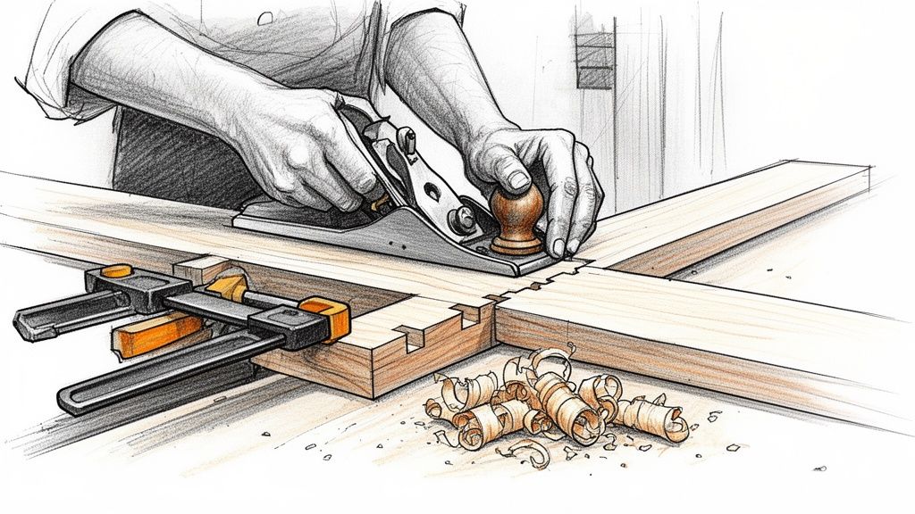En person bruger en håndhøvl på et stykke træ, der er fastspændt, med træspåner på bordet.