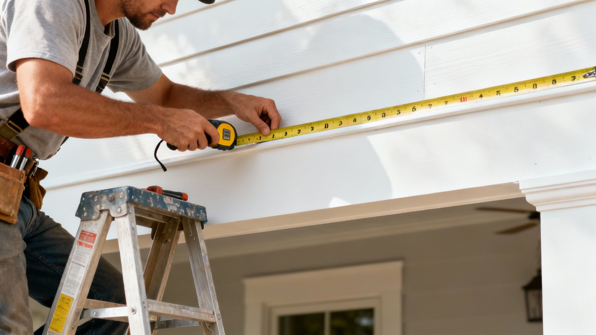 En person måler en tagrende for at sikre korrekt fald før montering.