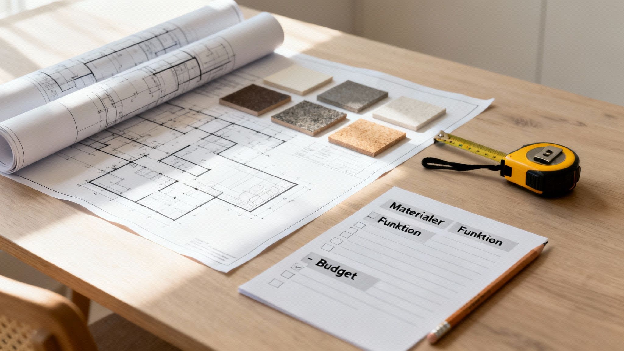 Arbejdsbord med byggeplaner, materialeudvalg, målebånd og budgetoversigt i dagslys.