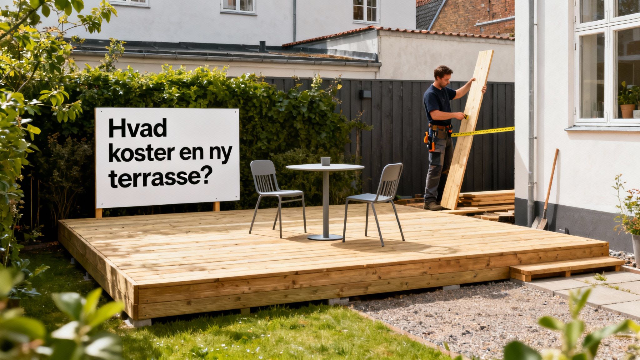 En mand måler brædder til en ny terrasse i haven, med et skilt der spørger om prisen.