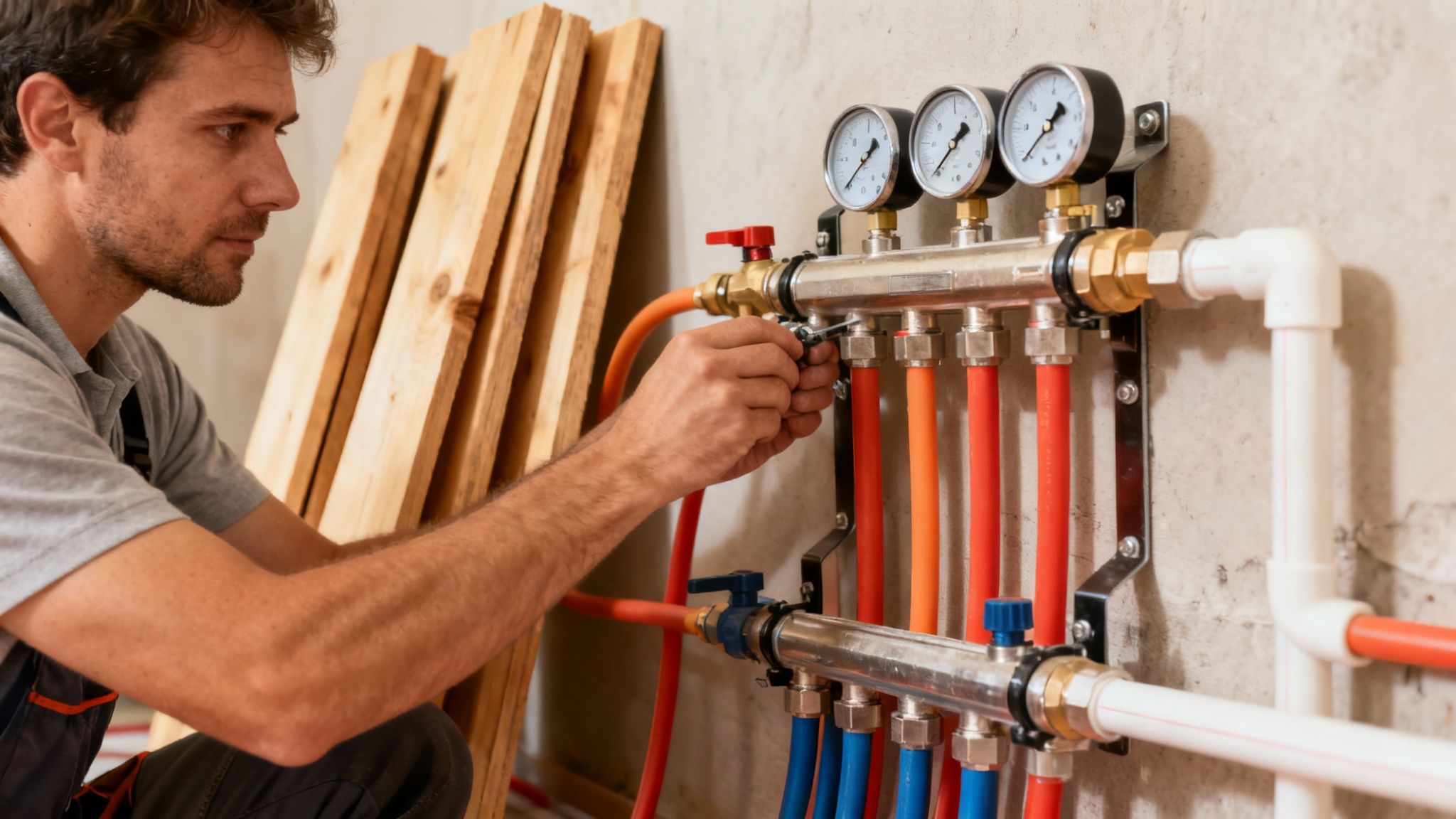 En person udfører en trykprøvning af et nylagt gulvvarmesystem.