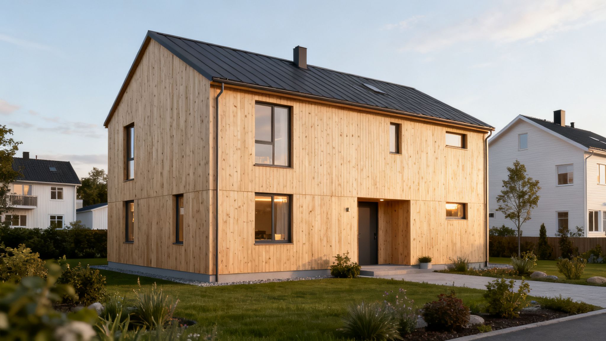 Moderne toetagers hus med træbeklædning og mørkt tag, omgivet af græs og grønne planter ved solnedgang.