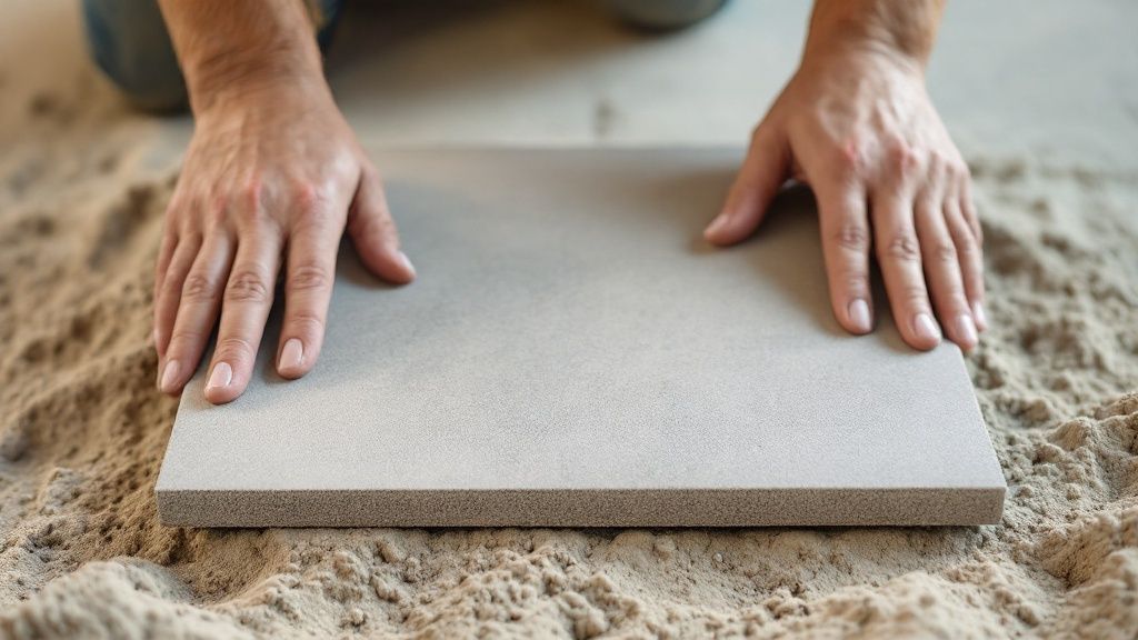 En person i færd med at lægge fliser i en indkørsel ved hjælp af rettesnore og gummihammer