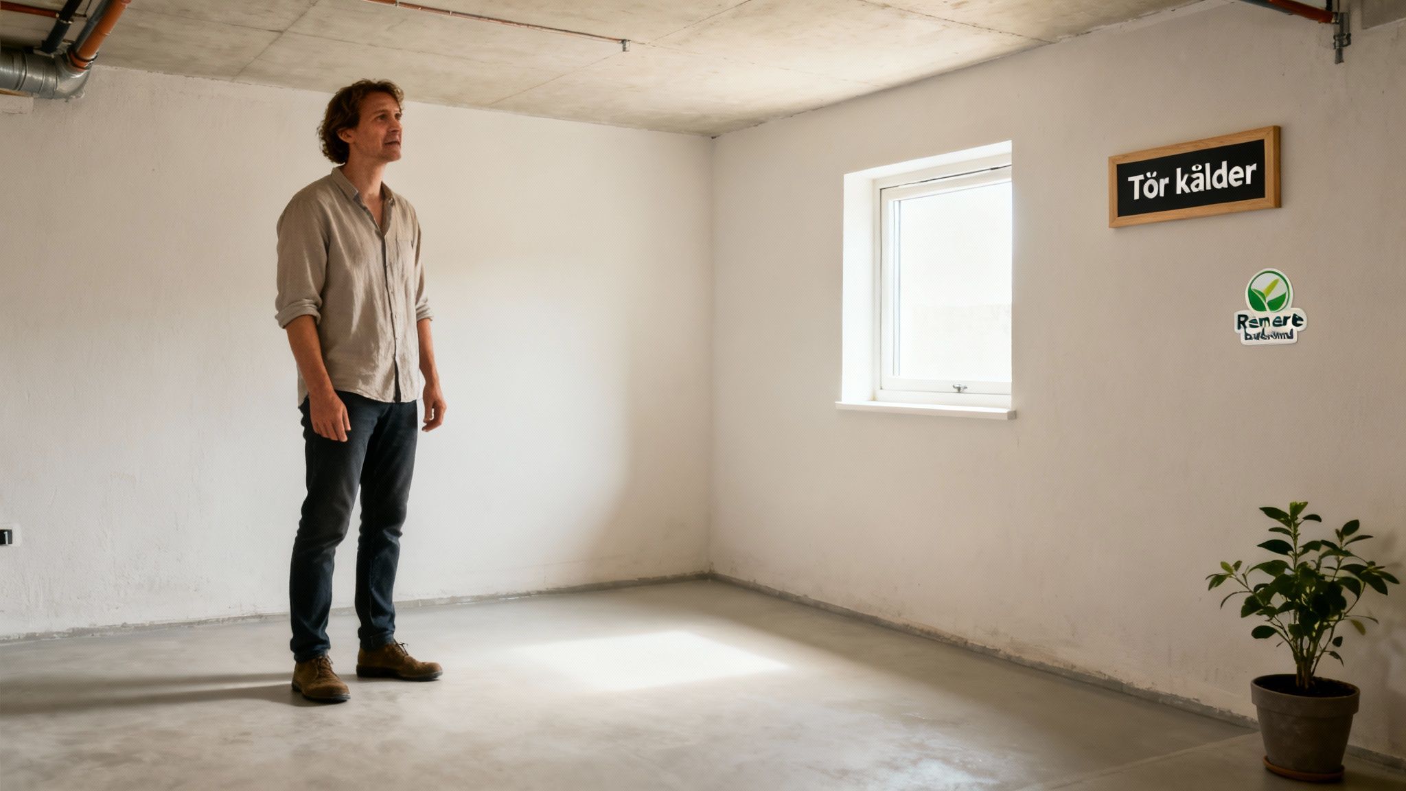 En mand står i et tomt, lyst kælderrum med vindue, et skilt og en plante. Han ser op.
