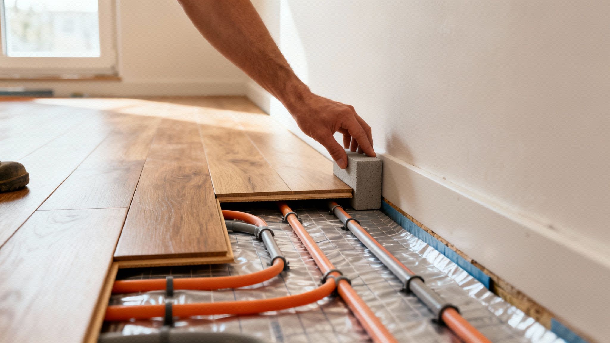 Hånd lægger nyt trægulv over gulvvarmerør i et rum med et stort vindue.