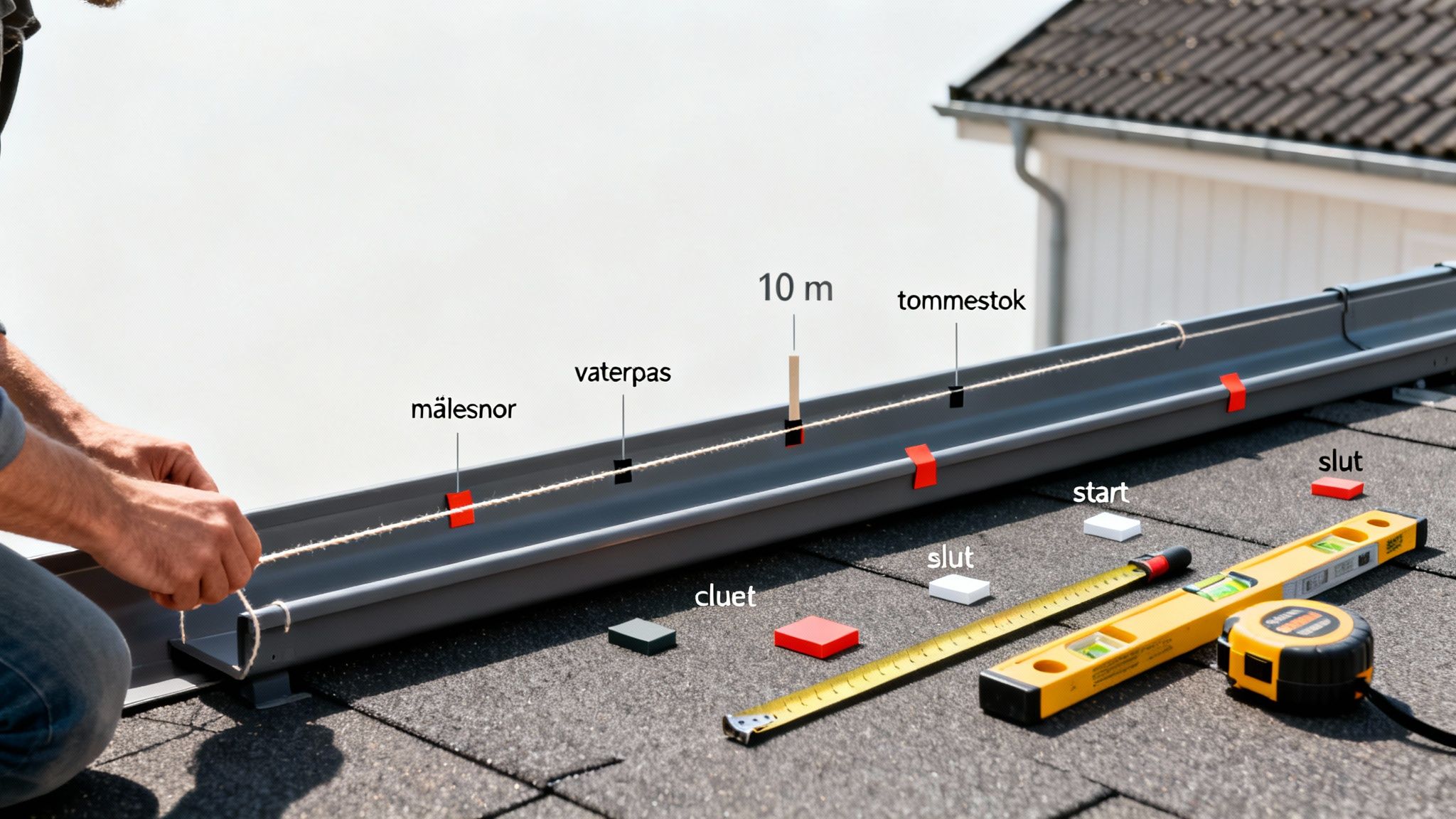 En person på et tag måler og nivellerer en tagrende med en målesnor, vaterpas og tommestok.