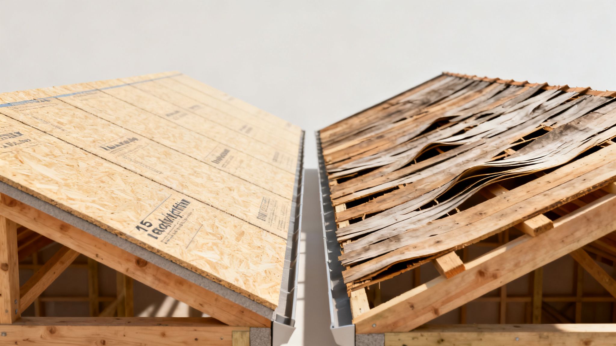 Nye tagplader af krydsfiner står i kontrast til et gammelt, beskadiget tag med delaminerede træplader.