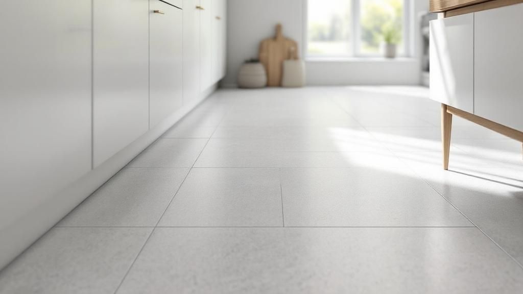 En person der vasker et lyst trægulv med en moppe.