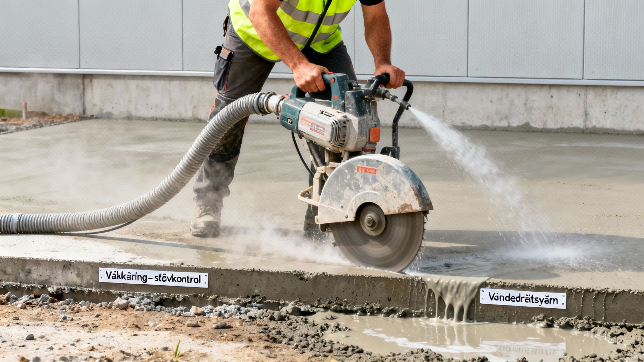 En arbejder skærer i beton med en vandsav, der sprøjter vand for at kontrollere støv og lede slam væk.