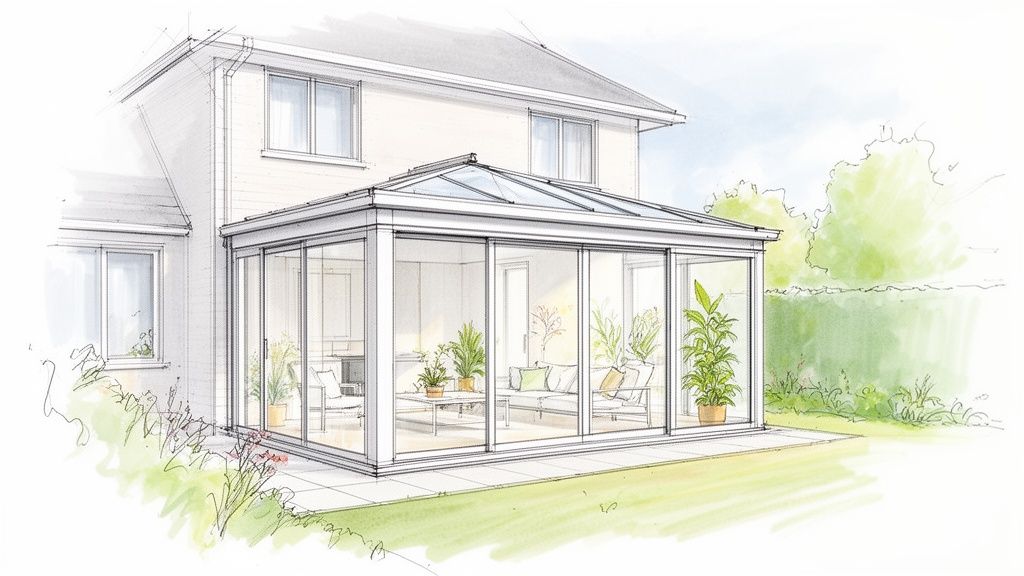 Illustration af et hus med en elegant, moderne udestue med skydedøre og glas tag.