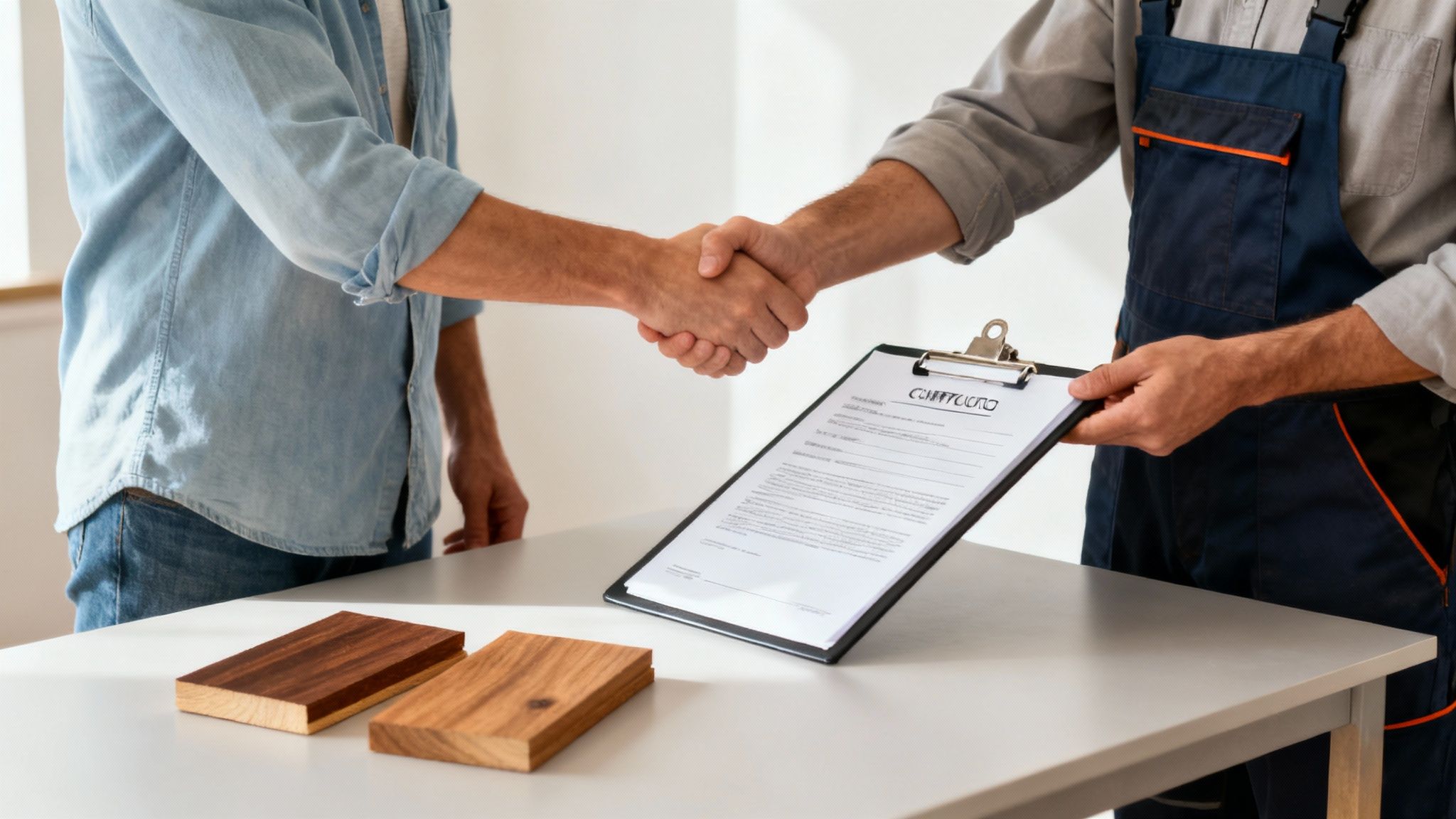 En tømrer og en kunde, der kigger på byggeplaner sammen.