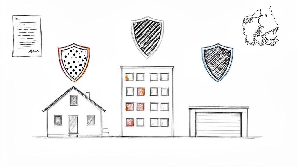 Illustration af forsikringspolicer, skjolde, parcelhus, lejlighedsbygning med brand og garage i Danmark.