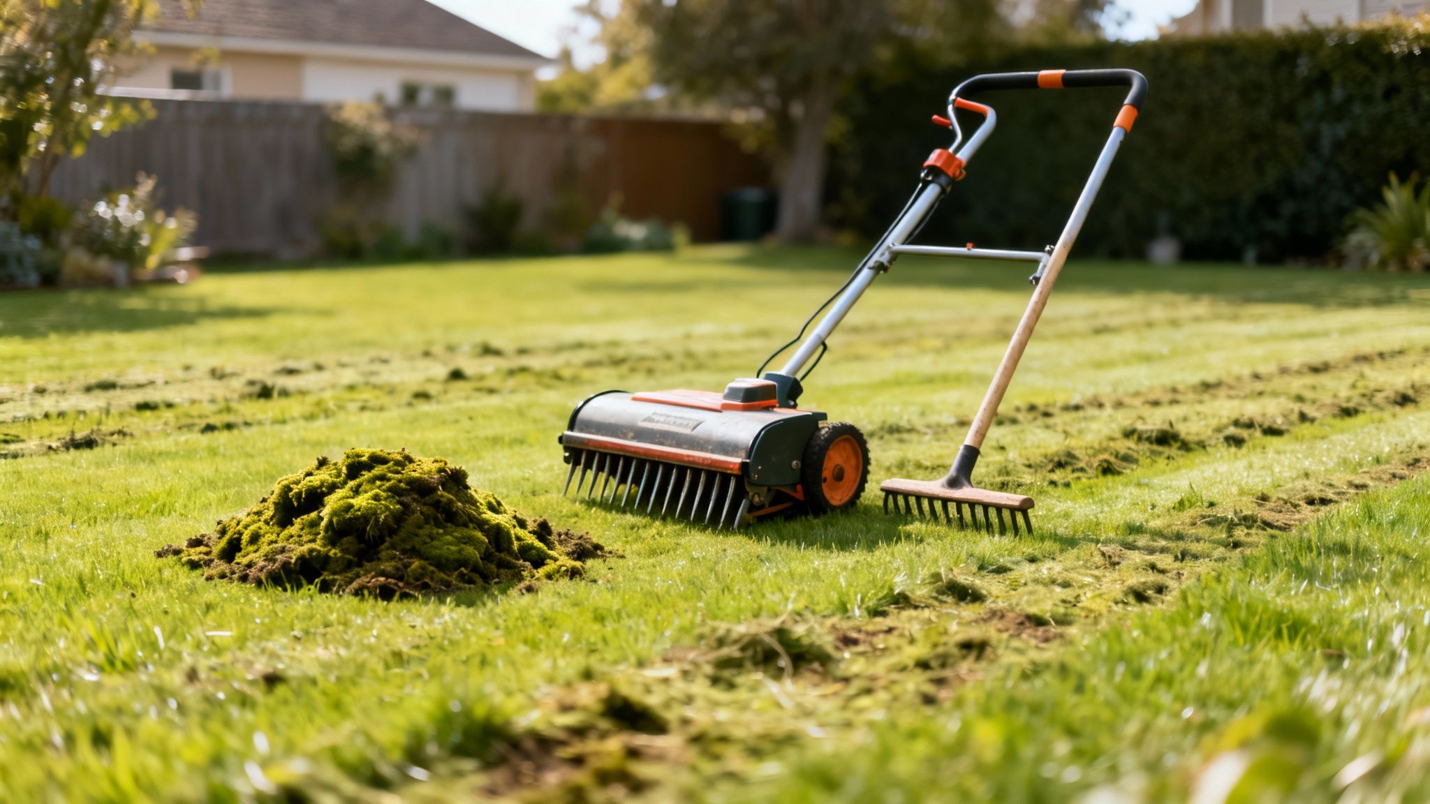 Solrig græsplæne med mosfjerner, rive og en bunke mos efter vertikalskæring.