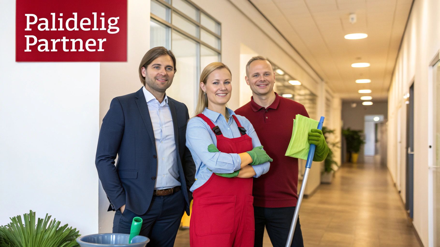 Tre glade medarbejdere fra Palidelig Partner står i en kontorkorridor med rengøringsudstyr.