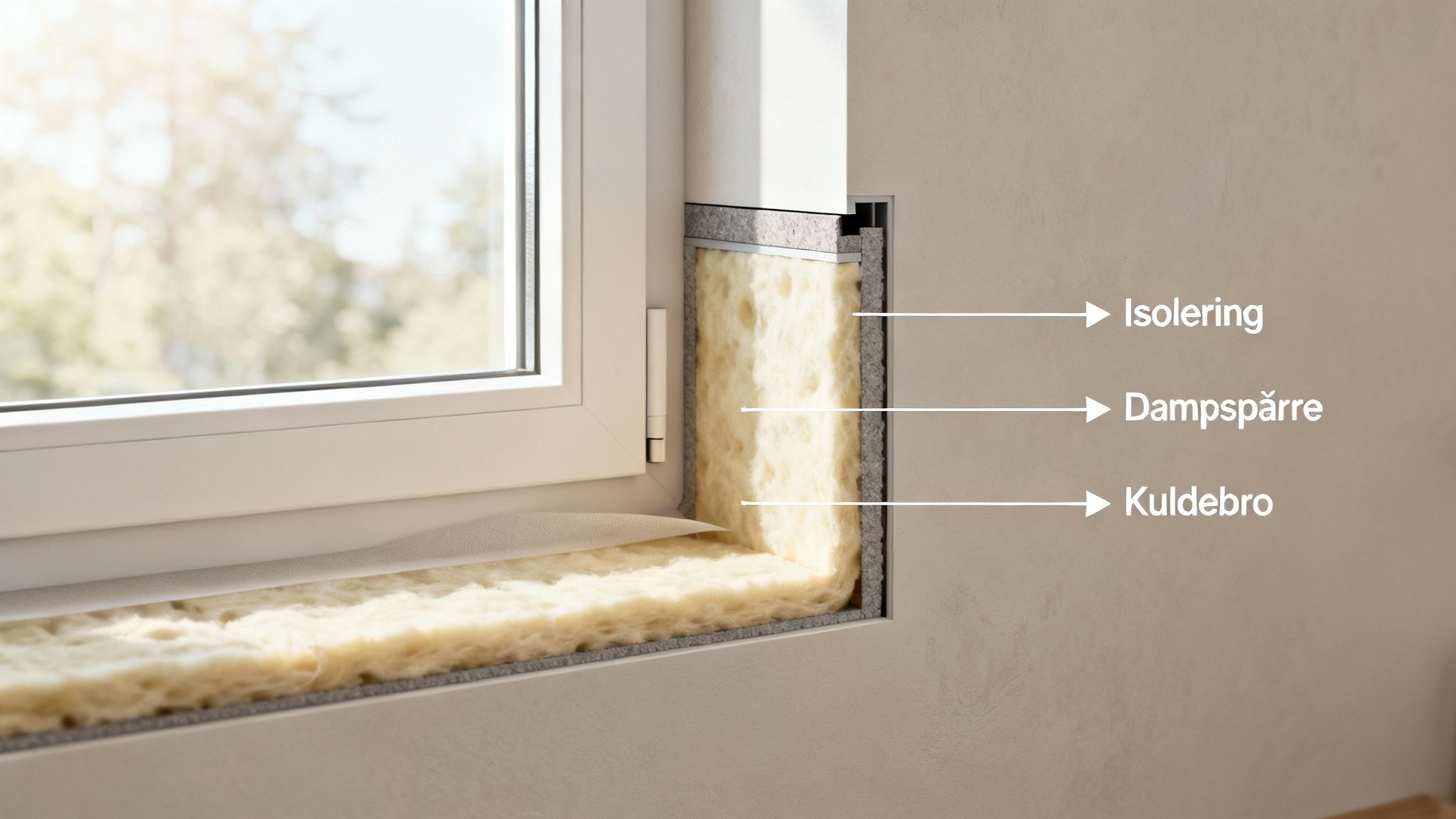 Detaljeret tværsnit af vinduesinstallation, der viser isolering, dampspærre og kuldebro for energieffektivitet.