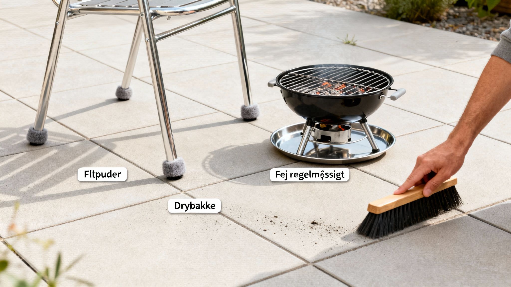 En person fejer fliserne på terrassen. Filtpuder på stoleben og en drypbakke under grillen ses.