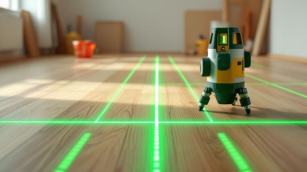 En håndværker er i gang med at nivelleret et gulv med en lang retteskinne