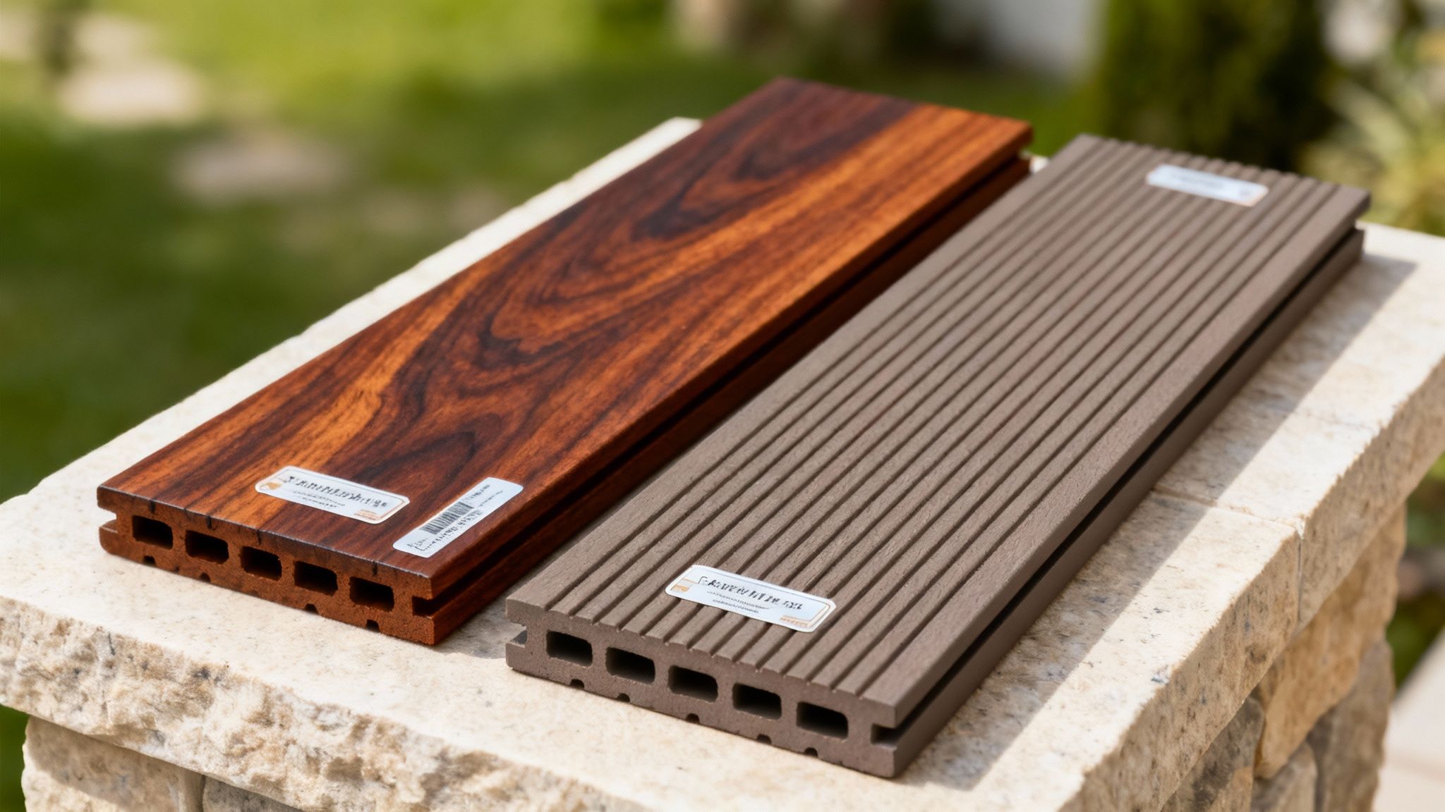 En mørk og eksklusiv træterrasse i hårdttræ med havemøbler