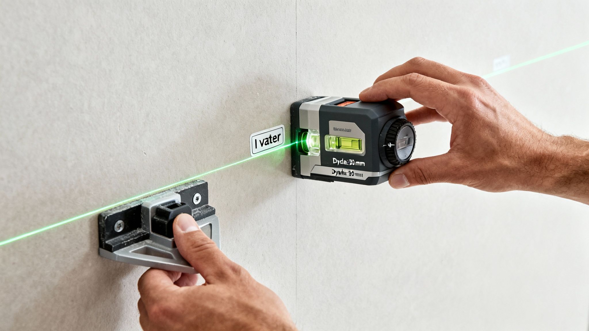 En person bruger et laserpas til præcist at markere en grøn, vandret linje på en væg til opsætning.