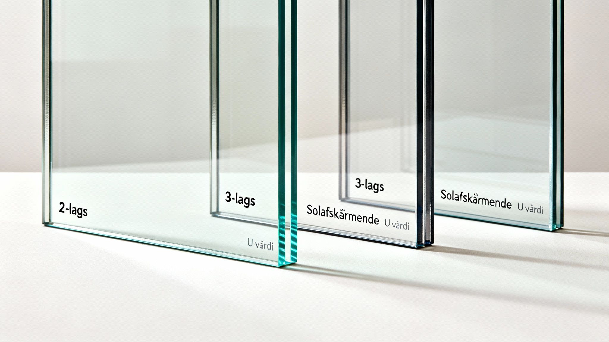 Tre typer isoleringsglas: 2-lags, 3-lags og solafskærmende glas med fokus på U-værdi.
