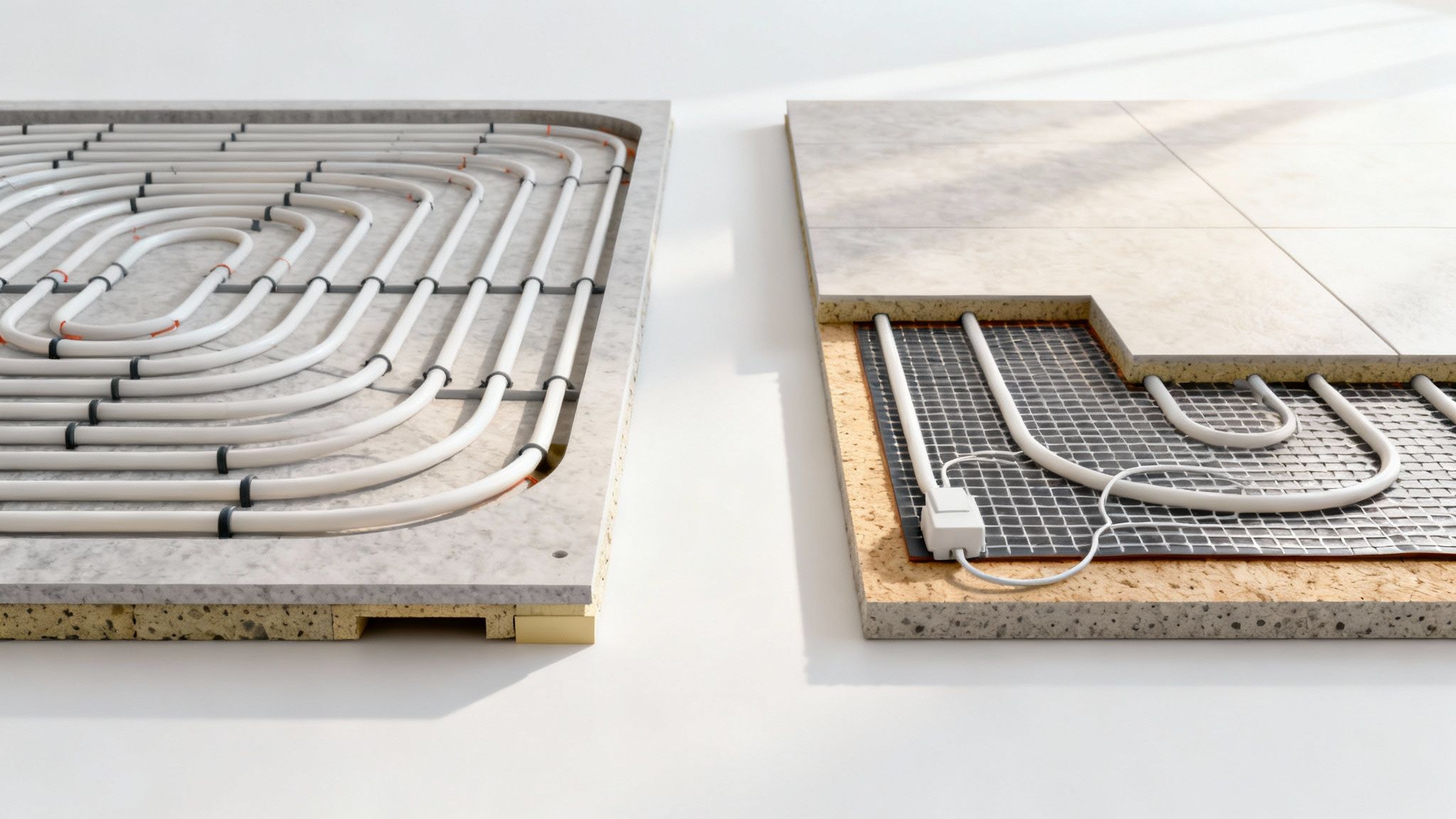 En professionel installerer vandbaserede gulvvarmerør i et rum med trægulv.